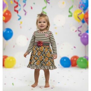 Ann Loren Toddler Dress 2T 3T Floral Ruffle Twirl Long Striped Sleeve Boutique